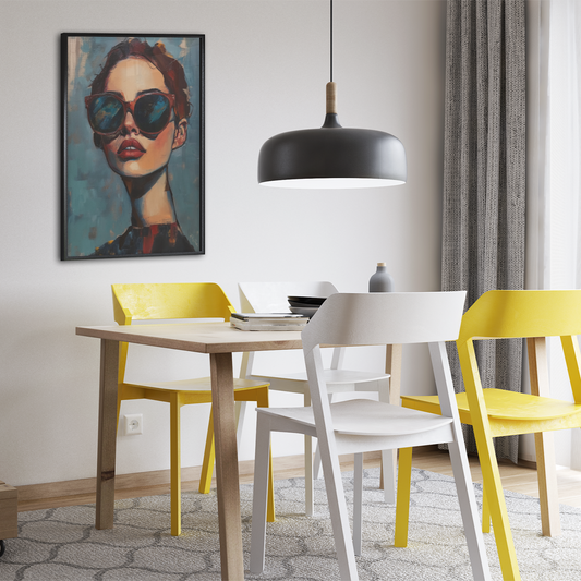 Affiche déco style peinture écolo, femme aux lunettes oversize, salle à manger moderne, rose zombie