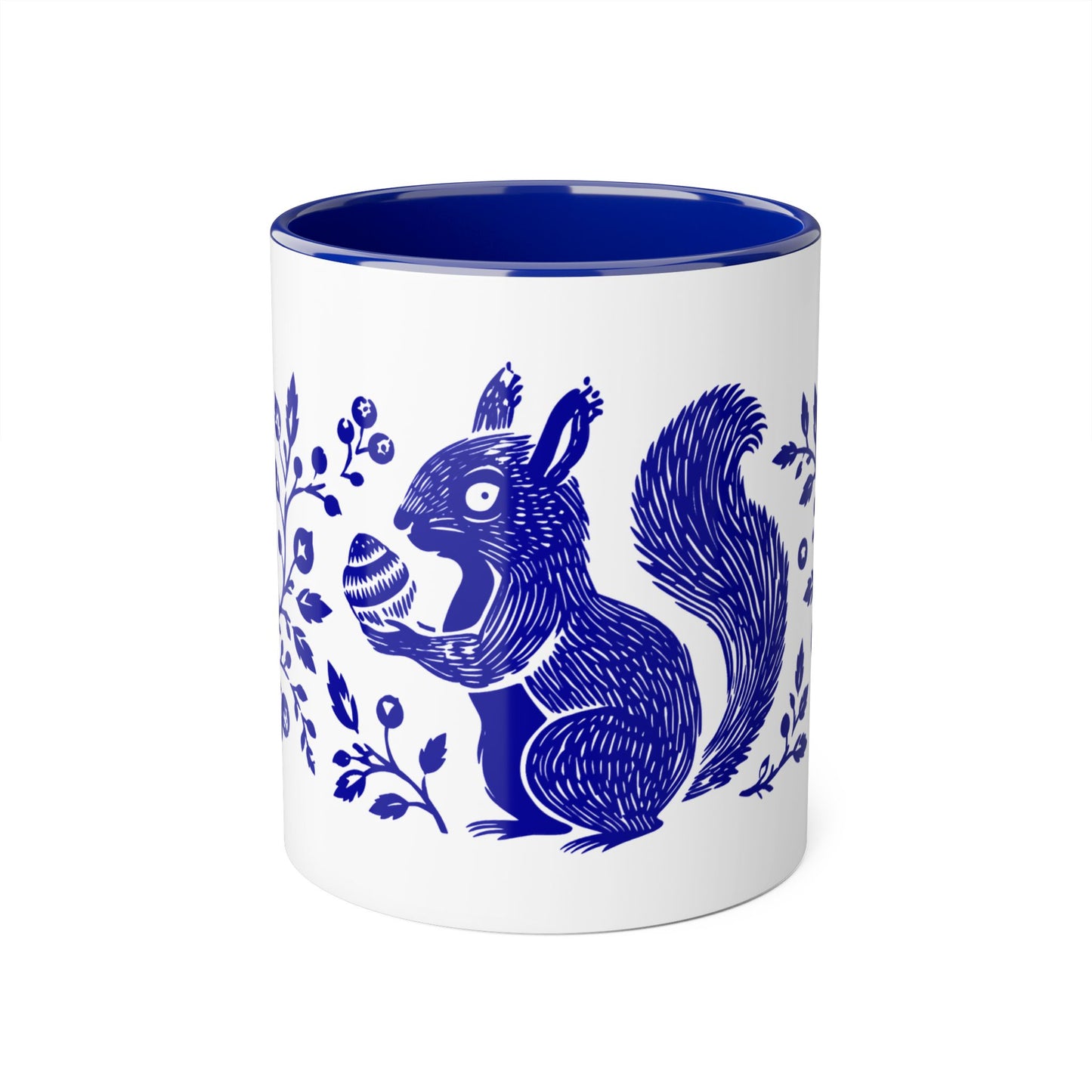 Tasse bicolore — Écureuil linocut botanique bleu cobalt