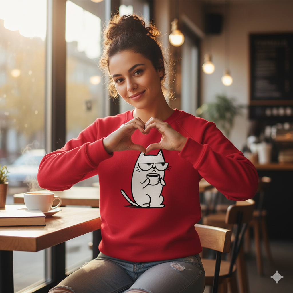Pull en coton durable – Chat blasé et tasse de café