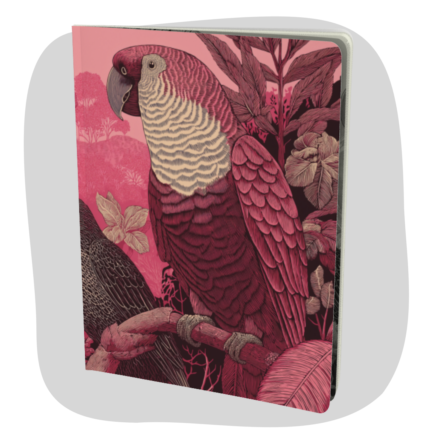 Grand carnet papier recyclé — Illustration perroquet tropical, tons rose et bordeaux