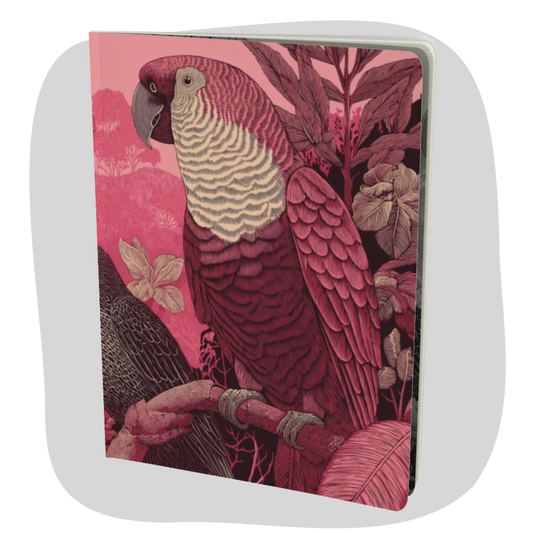 Grand carnet papier recyclé — Illustration perroquet tropical, tons rose et bordeaux