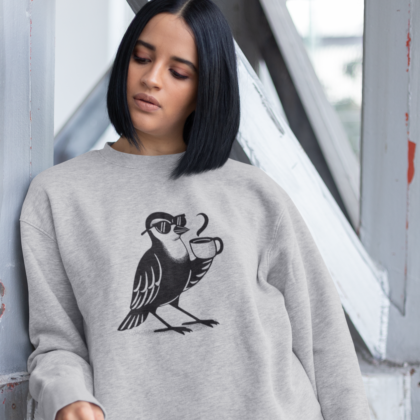 Pull en coton bio – Épaisseur moyenne – Oiseau et tasse de café