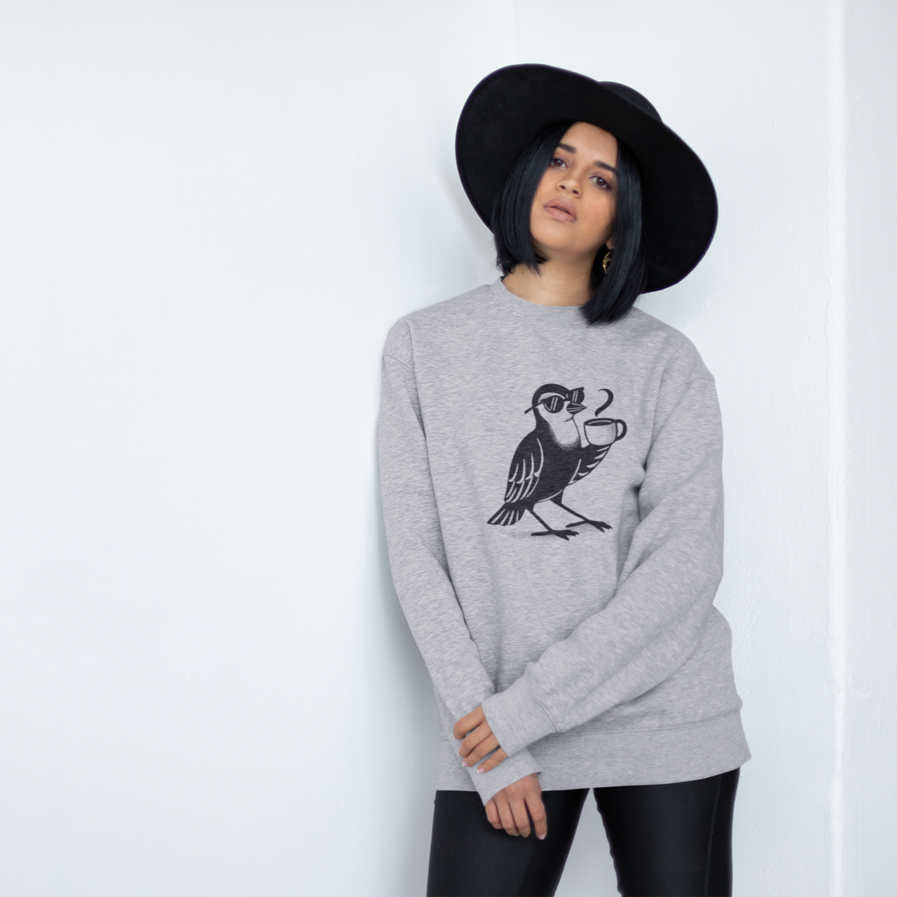 Pull en coton bio – Épaisseur moyenne – Oiseau et tasse de café