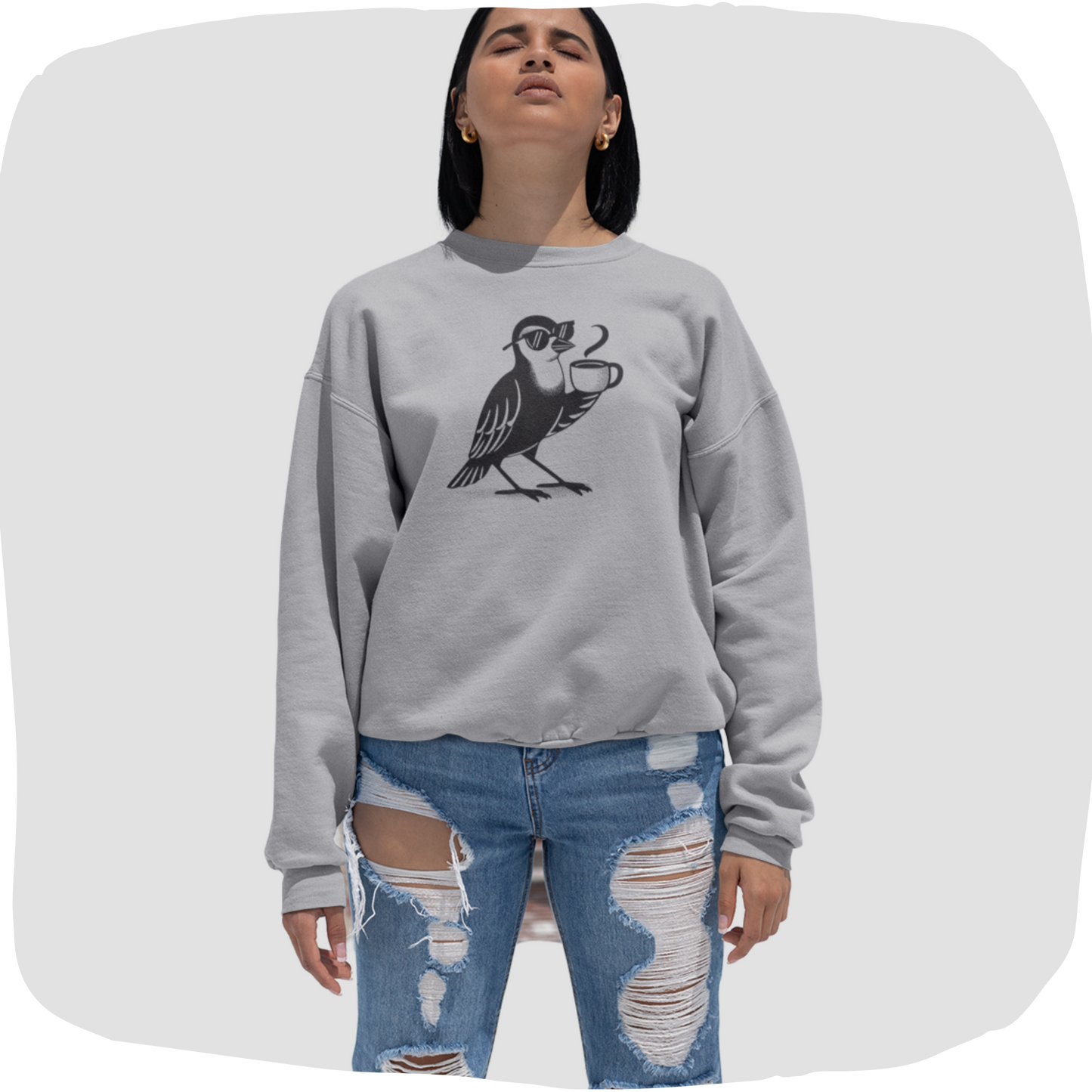 Pull en coton bio – Épaisseur moyenne – Oiseau et tasse de café