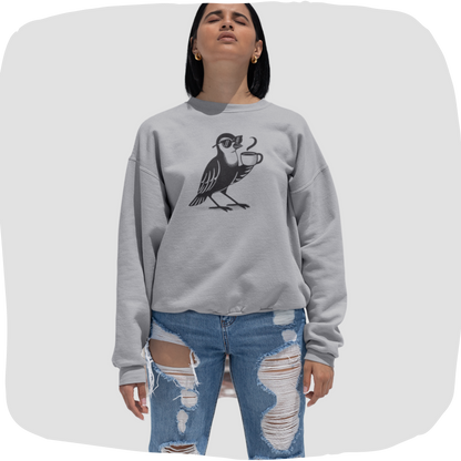 Pull en coton bio – Épaisseur moyenne – Oiseau et tasse de café