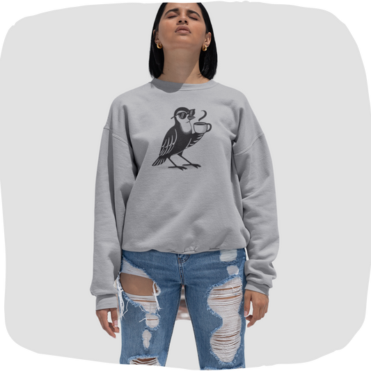 Pull en coton bio – Épaisseur moyenne – Oiseau et tasse de café