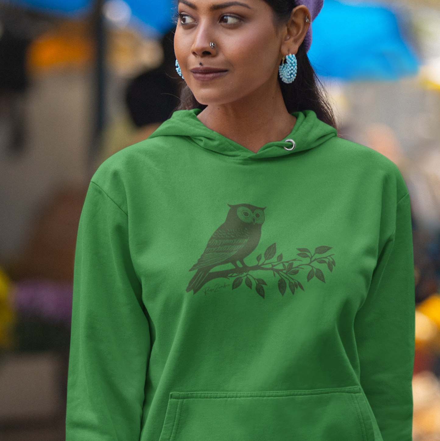 Sweat à capuche en coton durable – Hibou style linogravure