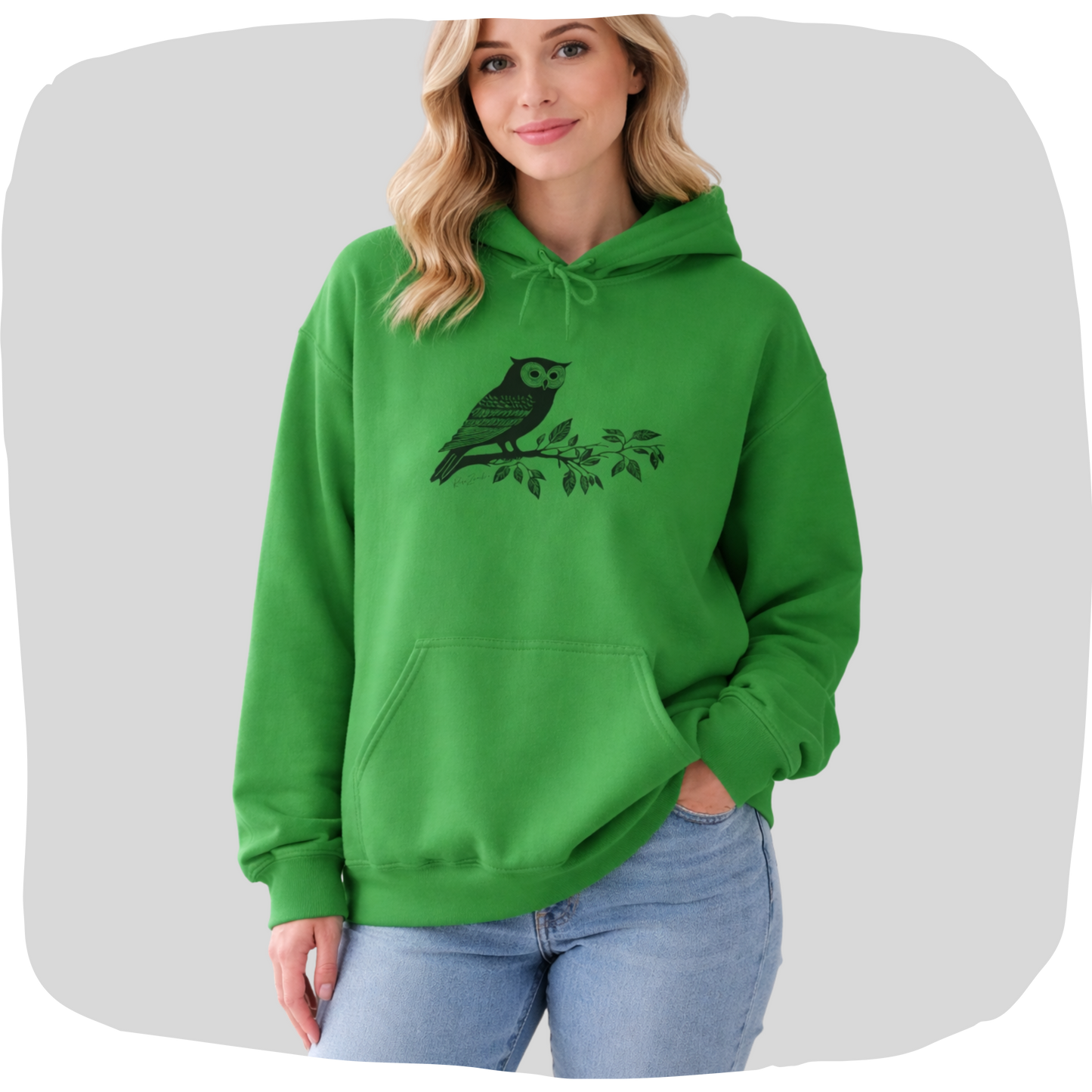 Sweat à capuche en coton durable – Hibou style linogravure