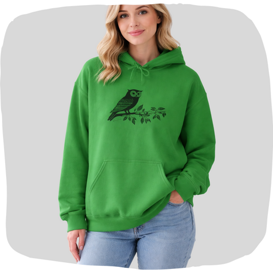 Sweat à capuche en coton durable – Hibou style linogravure