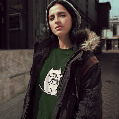 Pull en coton durable – Chat blasé et tasse de café