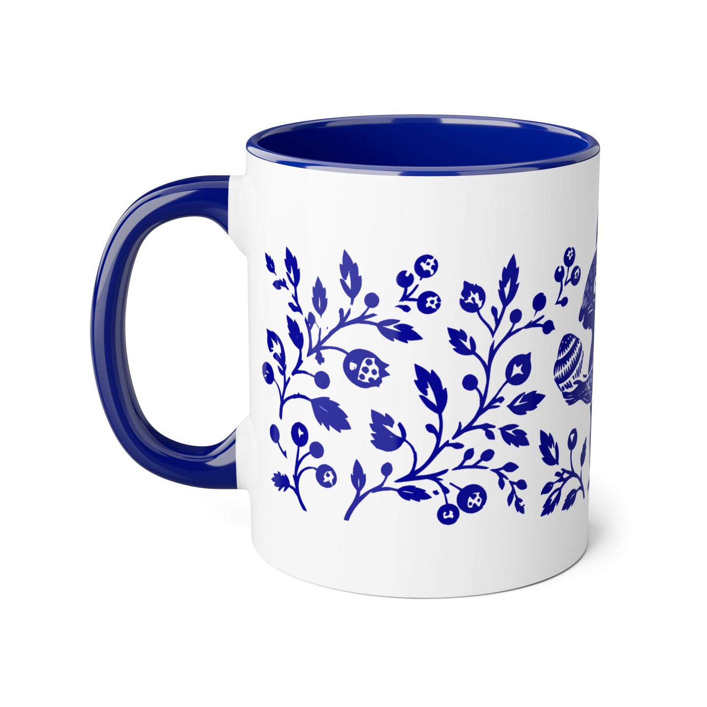 Tasse bicolore — Écureuil linocut botanique bleu cobalt