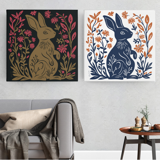 Poster imprimé Lapin en style linogravure - rose zombie