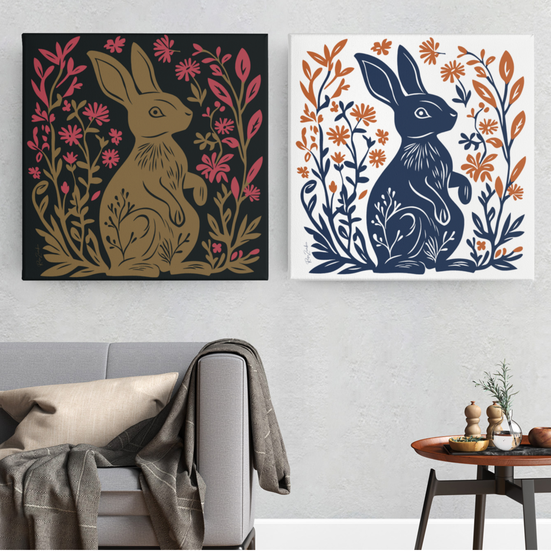 Affiches déco écologiques linogravure lapin, salon moderne, rose zombie boutique
