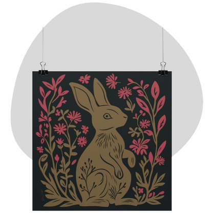 Poster imprimé série Jimani - Lapin en style linogravure - rose zombie