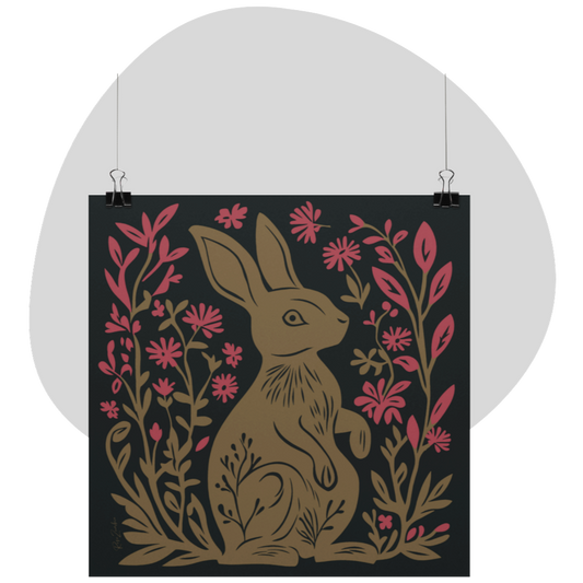 Poster imprimé série Jimani - Lapin en style linogravure - rose zombie