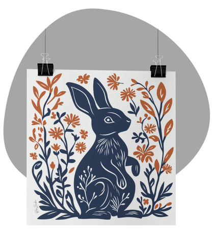 Poster imprimé série Jimani - Lapin en style linogravure - rose zombie