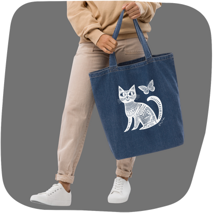 Tote bag en jean écolo - Motif de chats - rose zombie