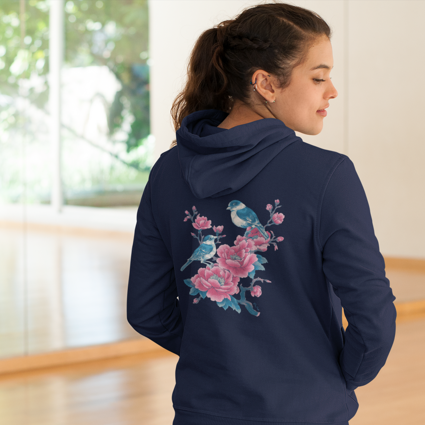 Sweat à capuche en coton bio - Oiseaux sur une branche - Épaisseur moyenne