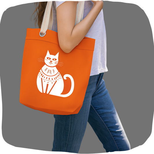 Sac tote orange en coton naturel - Imprimé de chat graphique