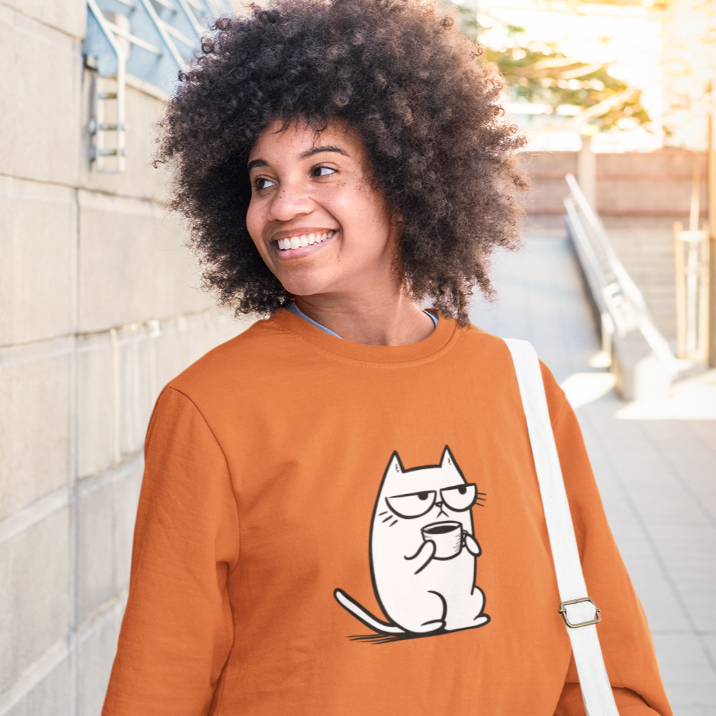 Pull en coton durable – Chat blasé et tasse de café
