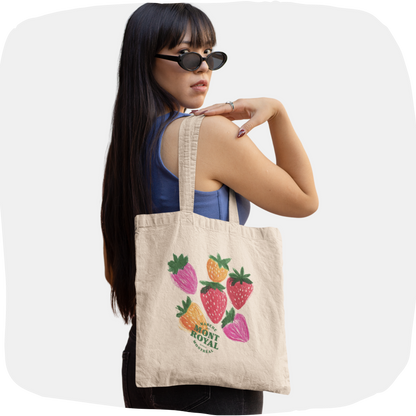 Sac tote beige en coton bio – Design fraises colorées Marché Mont-Royal