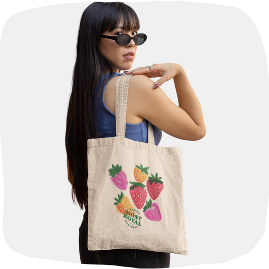 Sac tote beige en coton bio – Design fraises colorées Marché Mont-Royal