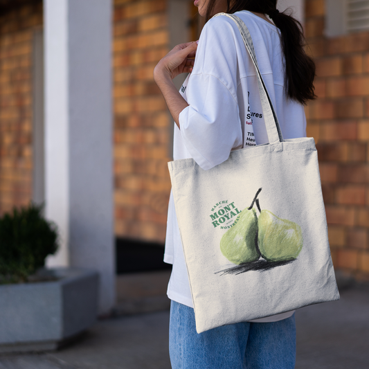 Sac tote beige en coton bio – Design de poires Marché Mont-Royal