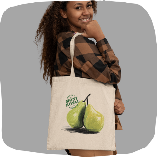 Sac tote beige en coton bio – Design de poires Marché Mont-Royal