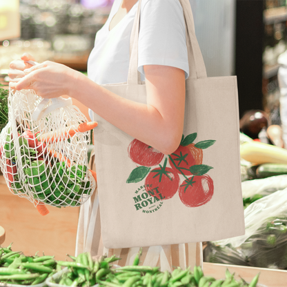 Sac tote beige en coton bio – Design tomates Marché Mont-Royal