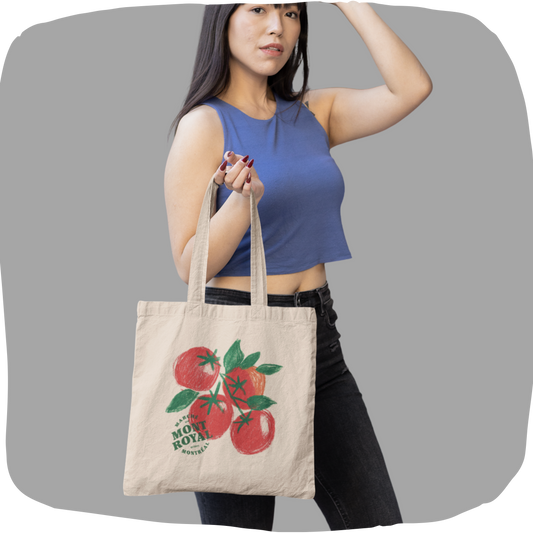 Sac tote beige en coton bio – Design tomates Marché Mont-Royal