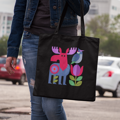 Sac tote en coton bio noir — Orignal et oiseau folk géométrique multicolore
