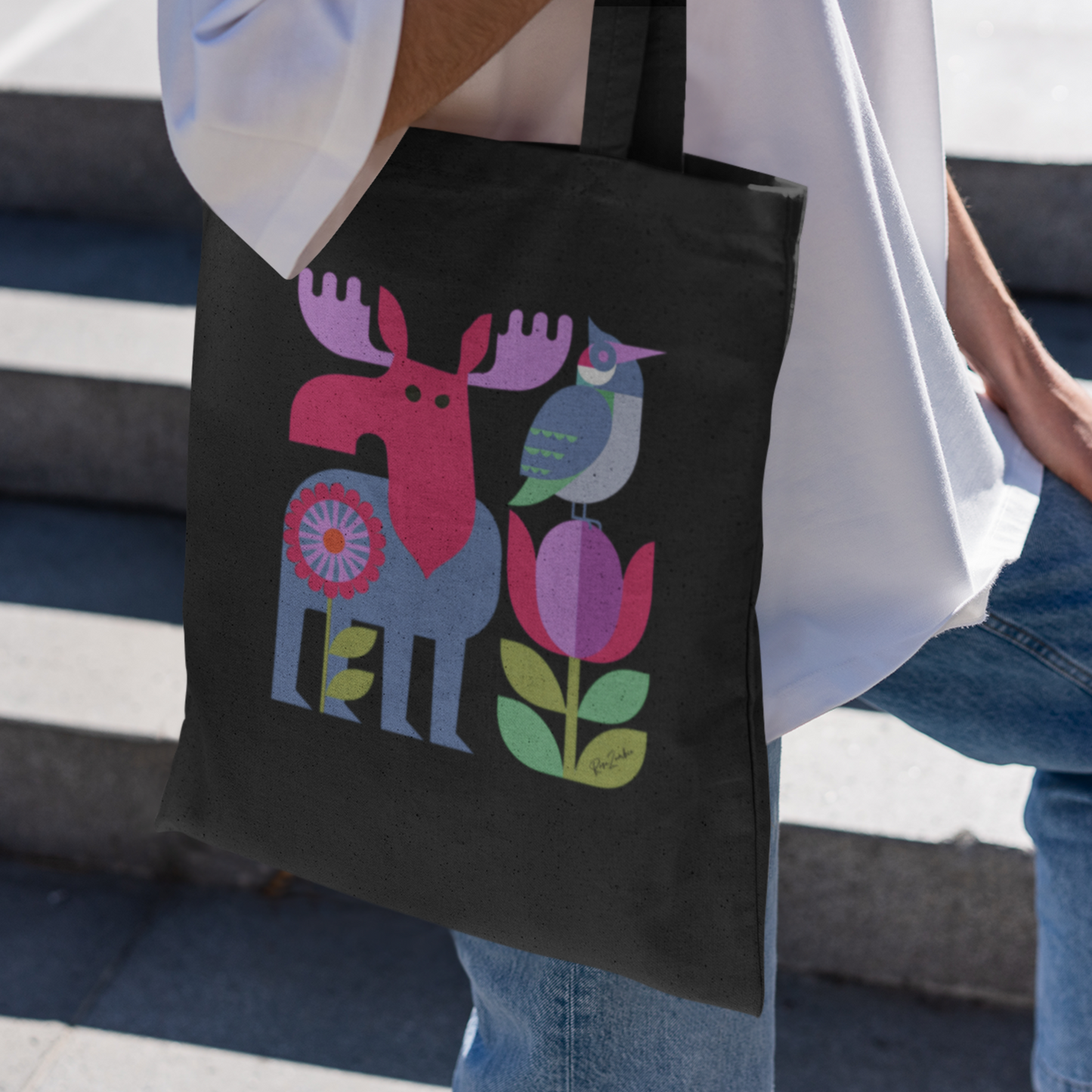 Sac tote en coton bio noir — Orignal et oiseau folk géométrique multicolore