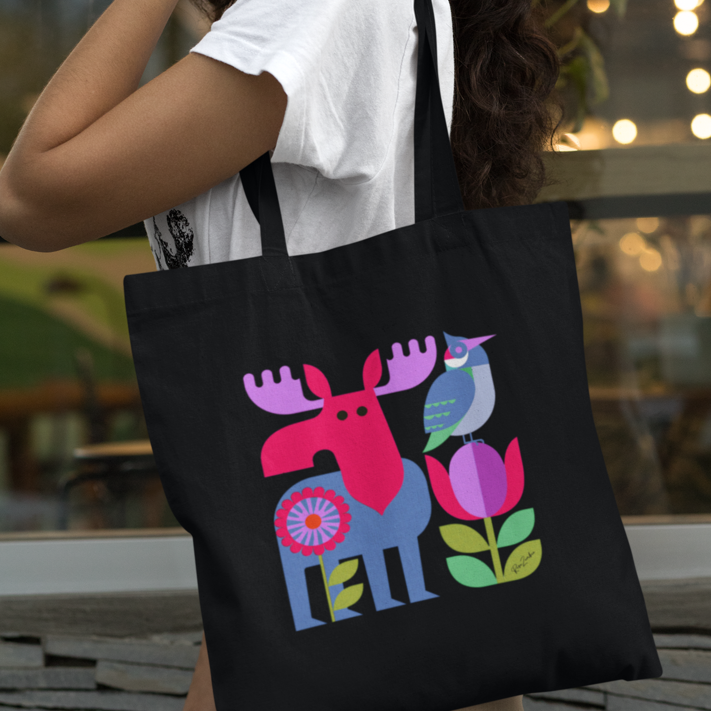 Sac tote en coton bio noir — Orignal et oiseau folk géométrique multicolore