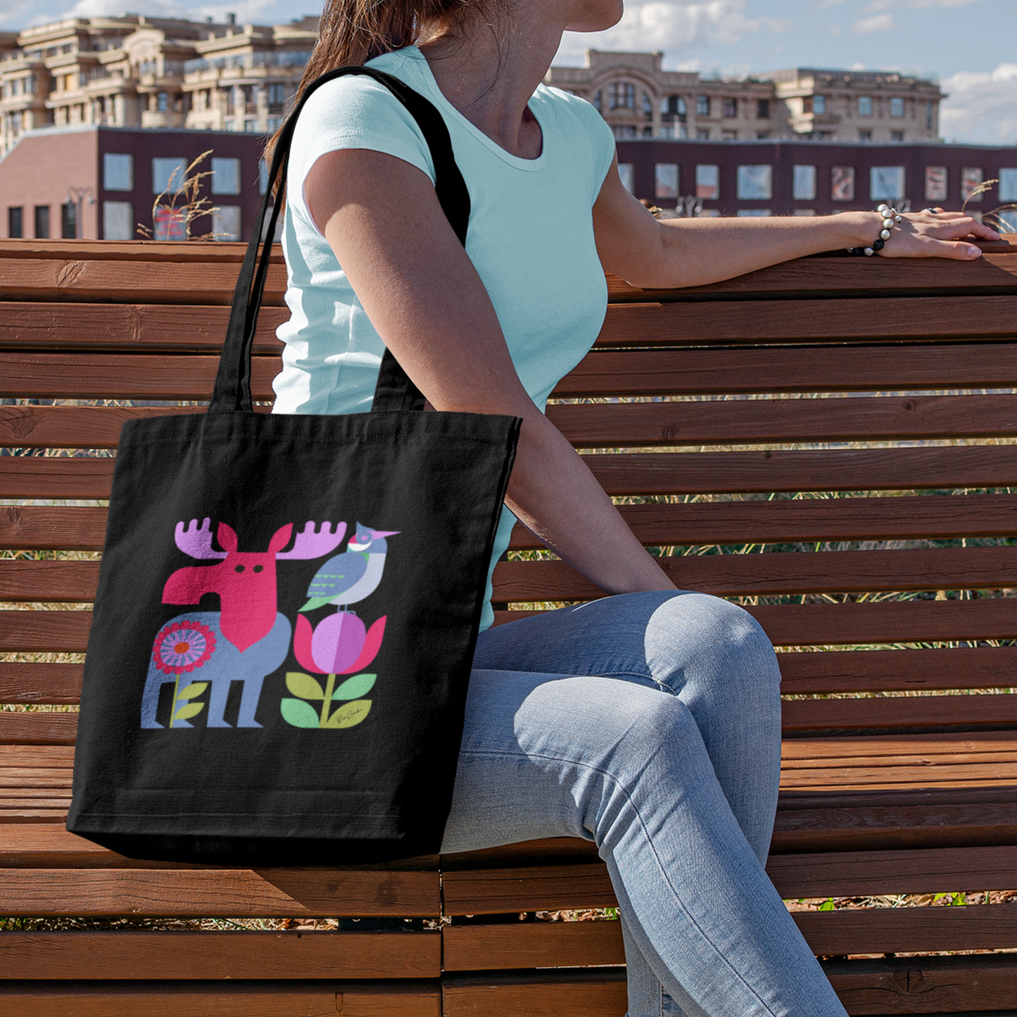 Sac tote en coton bio noir — Orignal et oiseau folk géométrique multicolore