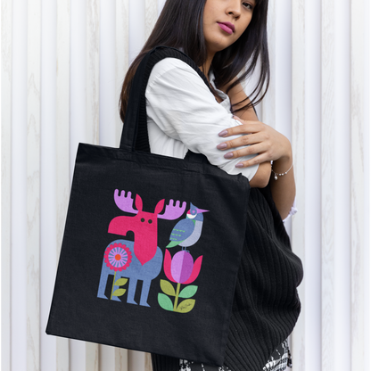 Sac tote en coton bio noir — Orignal et oiseau folk géométrique multicolore