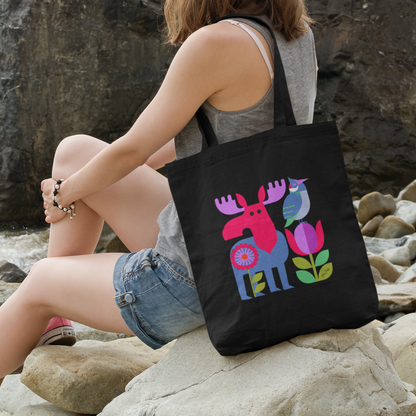 Sac tote en coton bio noir — Orignal et oiseau folk géométrique multicolore