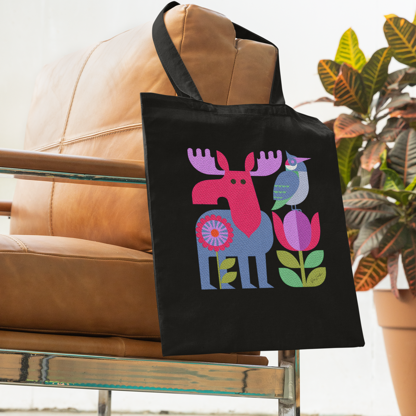 Sac tote en coton bio noir — Orignal et oiseau folk géométrique multicolore