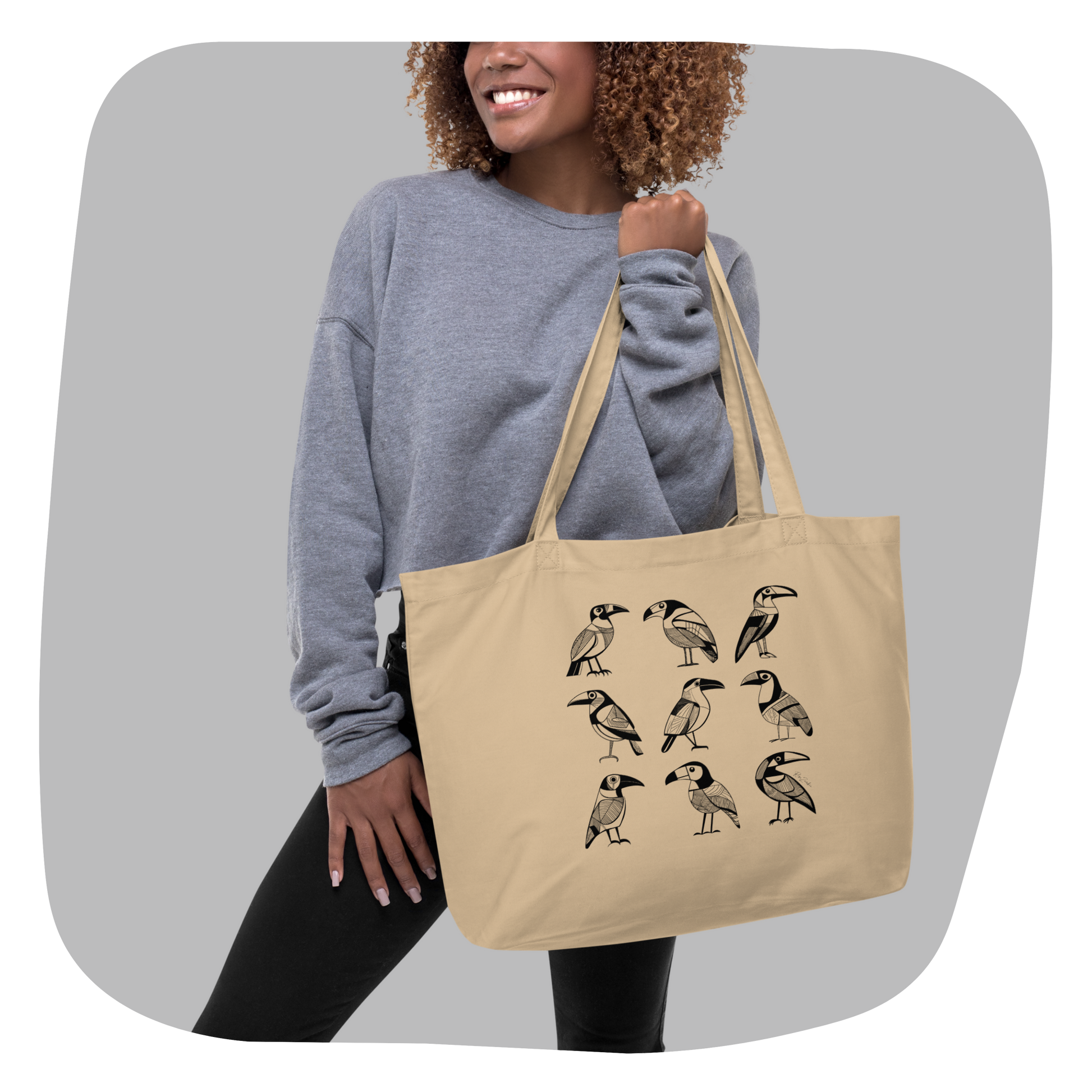 Grand sac tote beige en coton bio Bella - Motif d'oiseaux - rose zombie