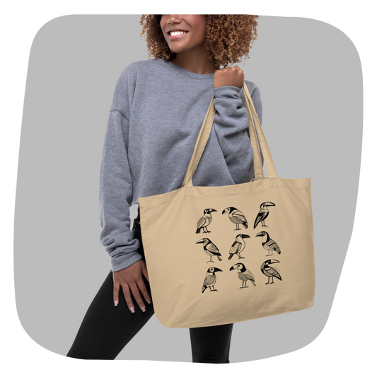 Grand sac tote beige en coton bio Bella - Motif d'oiseaux - rose zombie