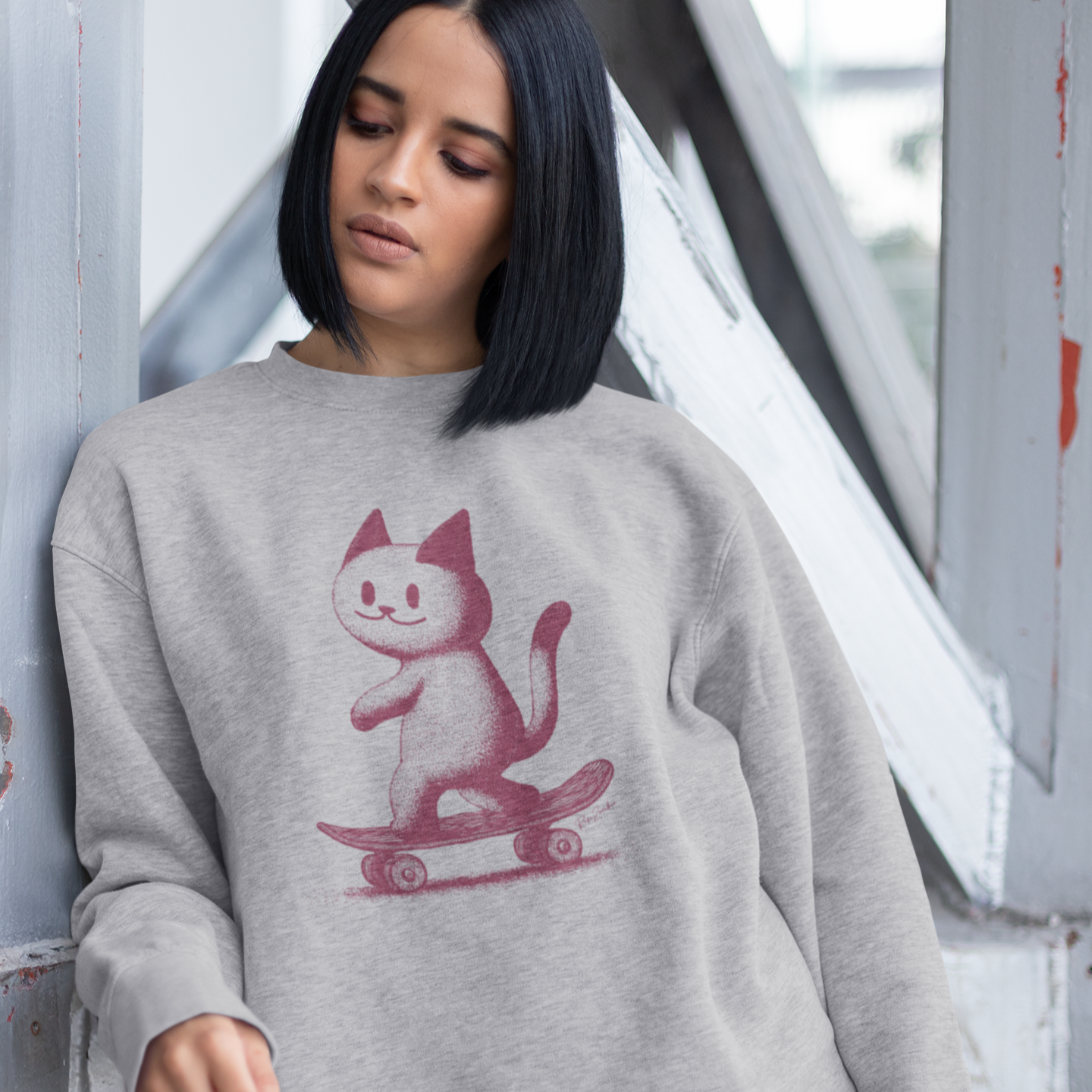 Pull en coton bio - Épaisseur moyenne – Chat sur planche à roulettes