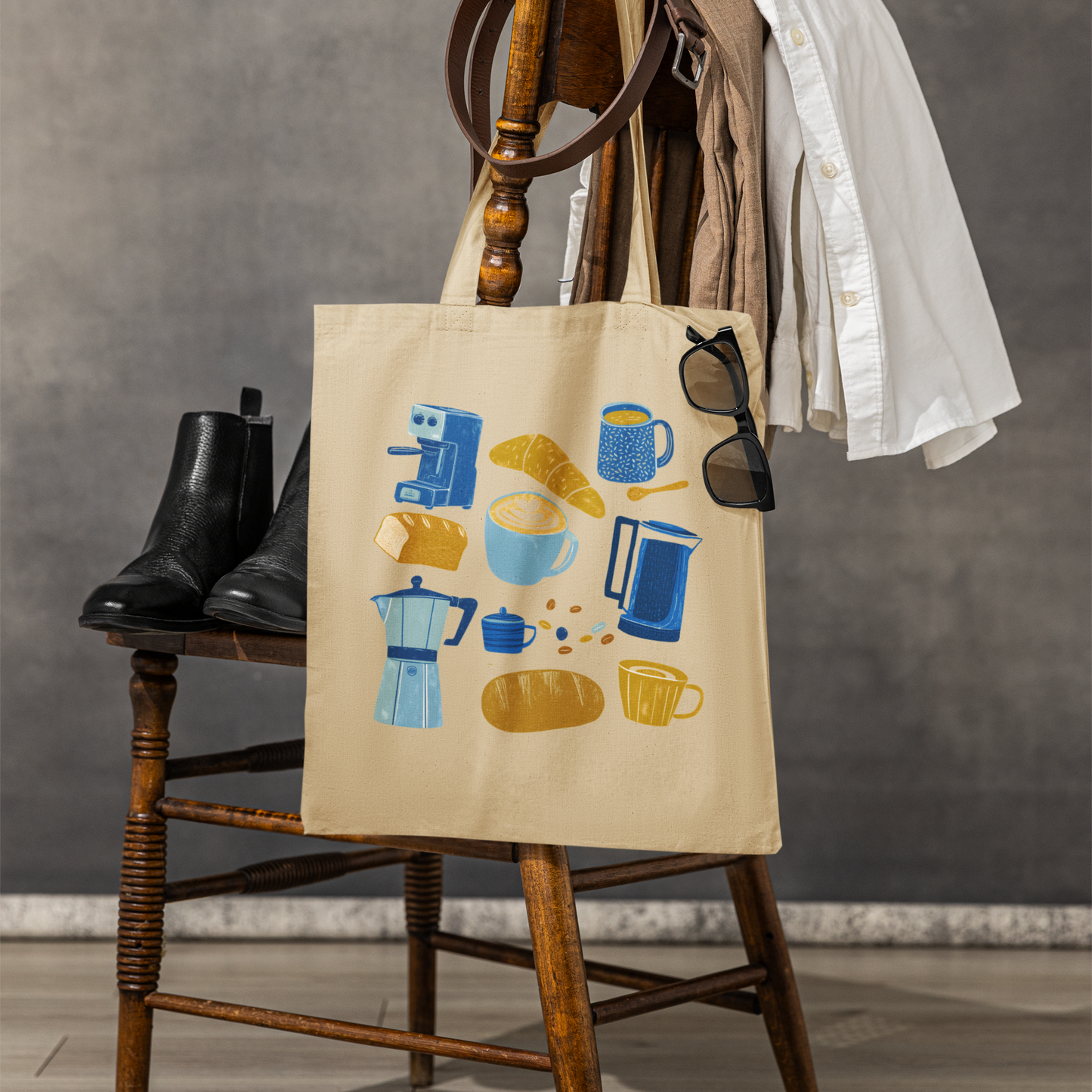 Sac tote en coton bio - Imprimé style sketch sur le thème de café