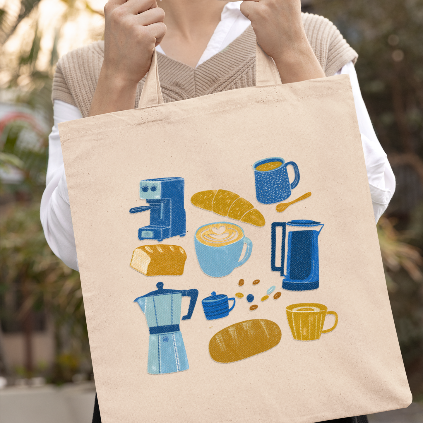 Sac tote en coton bio - Imprimé style sketch sur le thème de café