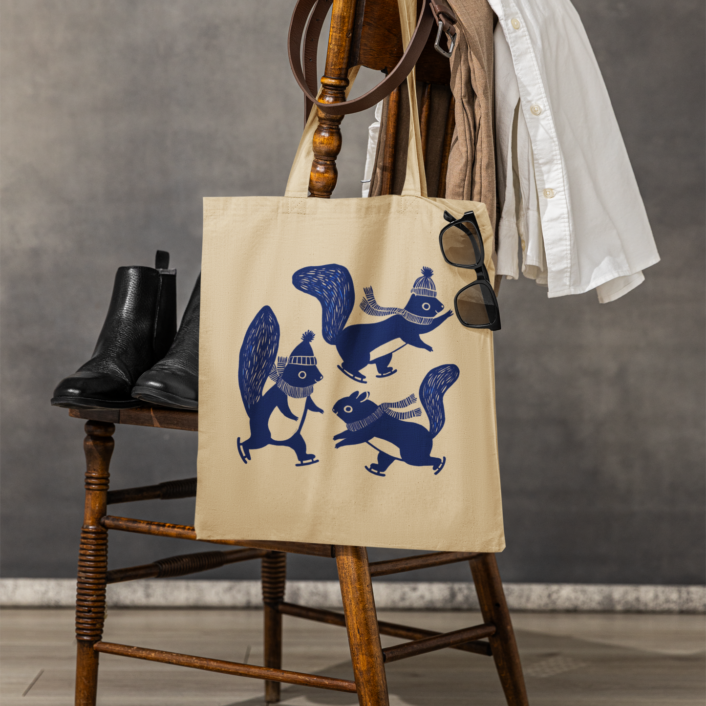 Beige tote bag in organic cotton - Printed with skating squirrels