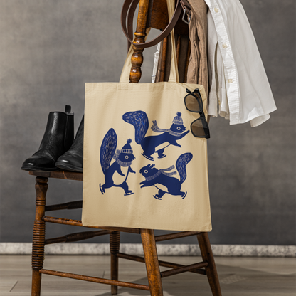 Beige tote bag in organic cotton - Printed with skating squirrels