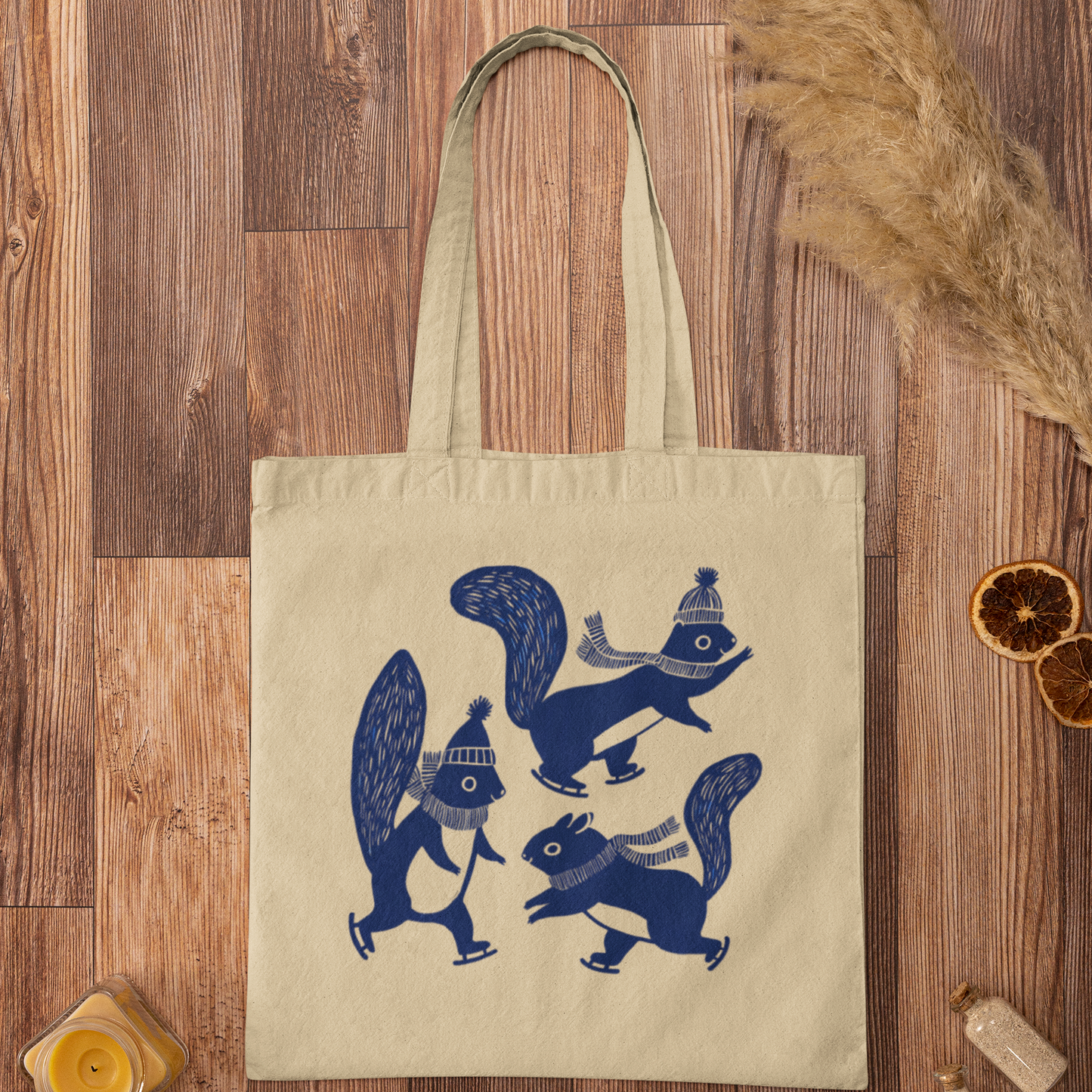 Beige tote bag in organic cotton - Printed with skating squirrels