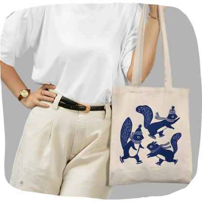 Beige tote bag in organic cotton - Printed with skating squirrels