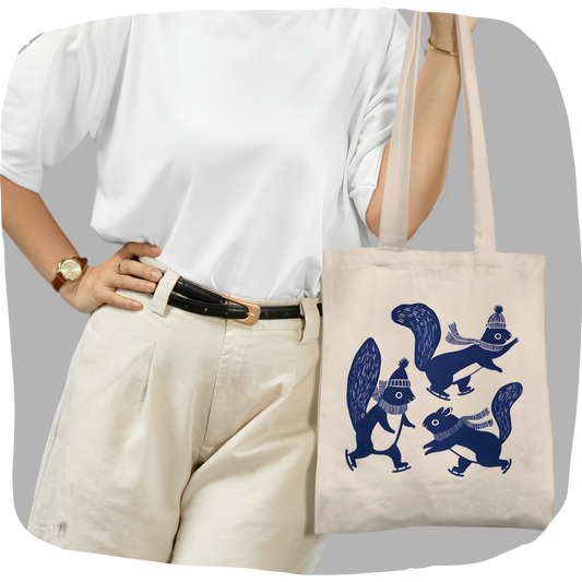 Beige tote bag in organic cotton - Printed with skating squirrels