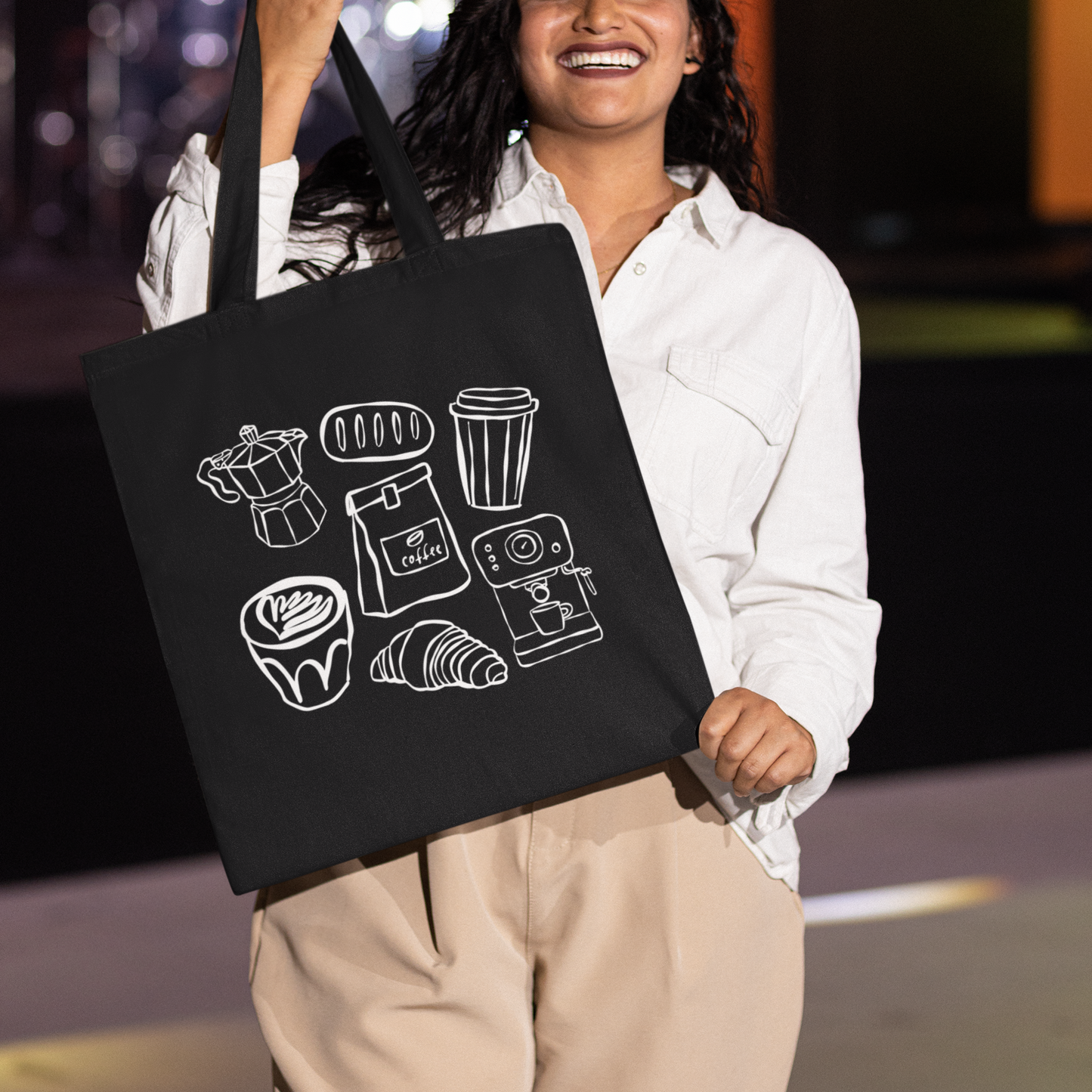 Sac tote noir en coton bio - Dessin style sketch thématique café