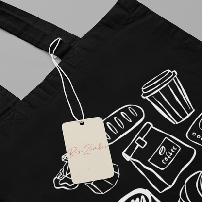 Sac tote noir en coton bio - Dessin style sketch thématique café