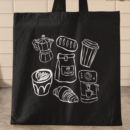 Sac tote noir en coton bio - Dessin style sketch thématique café